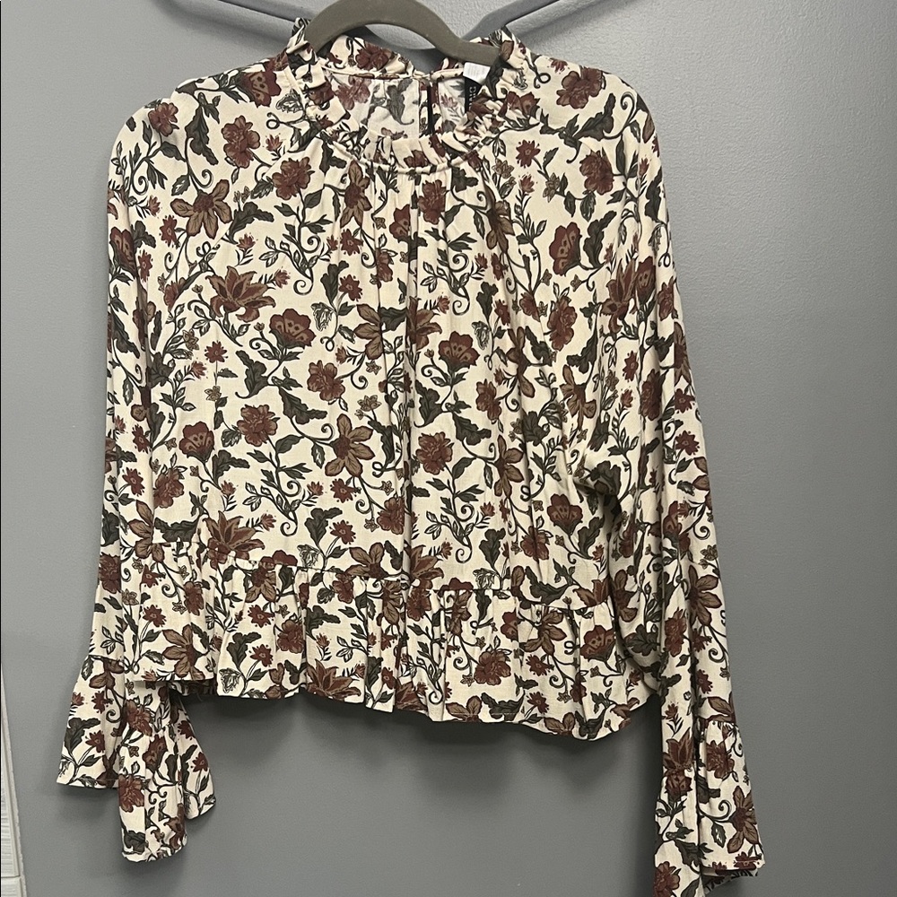Divided Floral Blouse - Cream and Brown
